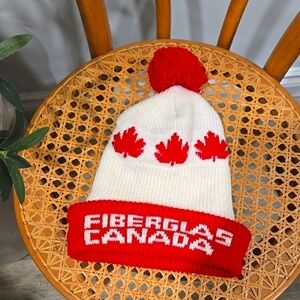 Vintage 80's Fiberglas Canada Red and White Knit Pom Pom Touque
